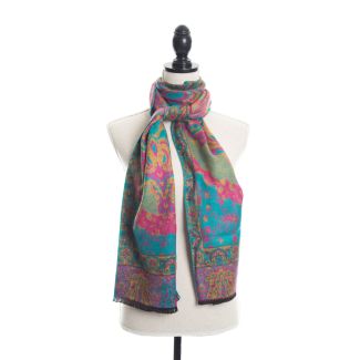 100% Cashmere Floral Paisley Scarf by Rapti - Turquoise & Fuchsia