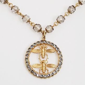 Catherine Popesco Two Bees in Crystal Circle Pendant Beaded Necklace