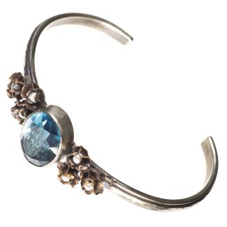 Barbosa Bracelet St Benito Cross Blue Glass with Mini Pearl Roses Skinny Cuff