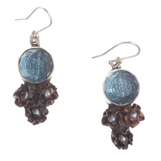 Barbosa Earrings St Benito Cross Hand Cut Blue Glass with Mini Pearl Roses