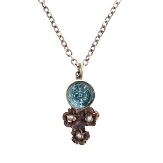 Barbosa Necklace St Benito Cross Hand Cut Blue Glass with Mini Pearl Roses