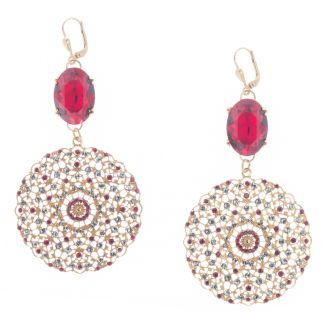 Catherine Popesco French Lace Red Crystal Gold Filigree Earrings