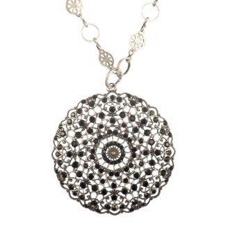 Catherine Popesco Large Lacy Jet Black Crystal Medallion Silver Crystal Necklace