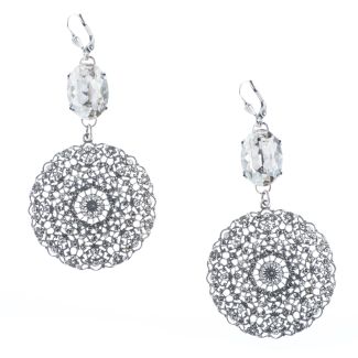 Catherine Popesco Large Round Silver Filigree Earrings with Oval Crystal