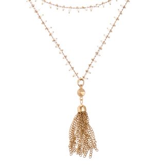 Catherine Popesco Necklace - White Beaded Chain with Gold Tassel