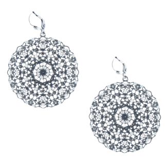 Catherine Popesco Silver Medallion Large Round Filigree Crystal Earrings