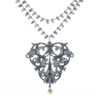 Catherine Popesco Silver French Enamel Crystal Double Chain Necklace