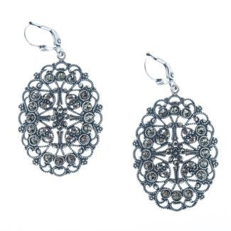 Catherine Popesco Silver Oval Filigree Crystal Earrings - Black Diamond