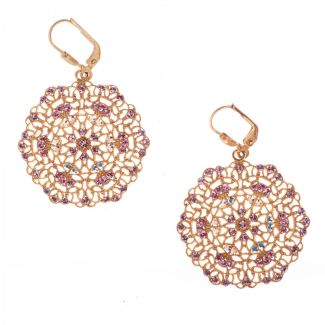 Catherine Popesco Small Lacy Crystal Silver or Gold Round Earrings - Pink