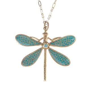 Catherine Popesco Turquoise French Enamel Dragonfly Pendant Necklace 