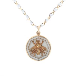 Catherine Popesco White French Enamel Round Bee Pendant Necklace