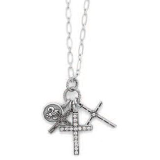 Catherine Popesco Silver Three Cross Charm Crystal Necklace