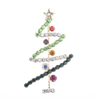 Gold and Green Rhinestone Zig Zag Christmas Tree Pin Brooch