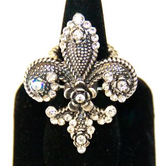 Crystal Fleur De Lys Flower Silver Stretch Ring  Bracchiale