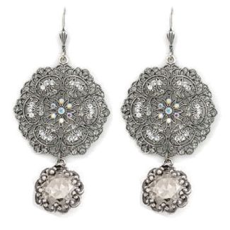 Catherine Popesco Lacy Crystal and Silver Round Earrings with Drop