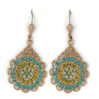 Catherine Popesco Gold Round Filigree Crystal Earrings - Teal & Olivine
