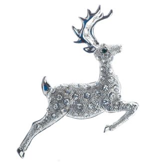 Christmas Crystal Reindeer Leaping Deer Pin Brooch - Silver or Gold