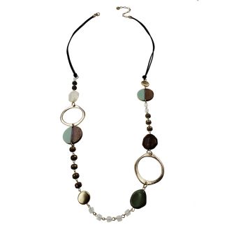 Sweet Lola Necklace - Brown Leather with Wood/Resin Discs & Gold Circles - 40"