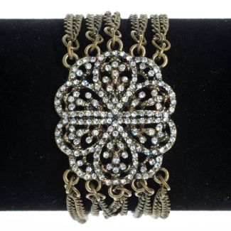 Sweet Lola Bracelet Art Deco Flower with Antique Bronze & Clear Crystals
