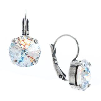YPMCO 12mm Rivoli Swarovski Crystal White Patina Silver Earrings