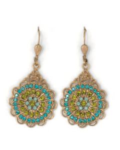 Catherine Popesco Gold Round Filigree Crystal Earrings - Teal & Olivine