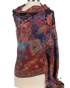Cashmere Silk Blend Antique Design Shawl Wrap by Rapti - Red Floral