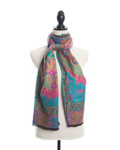 100% Cashmere Floral Paisley Scarf by Rapti - Turquoise & Fuchsia