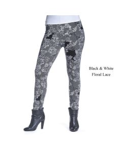Warm Fleece Lined Leggings by Accent  - Black & White Floral Lace