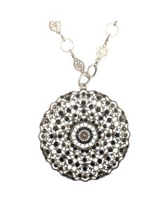 Catherine Popesco Large Lacy Jet Black Crystal Medallion Silver Crystal Necklace