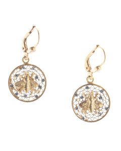 Catherine Popesco Small Round Filigree Mesh Crystal Earrings with Bee