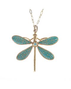 Catherine Popesco Turquoise French Enamel Dragonfly Pendant Necklace 
