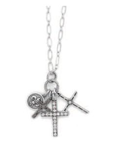 Catherine Popesco Silver Three Cross Charm Crystal Necklace