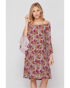 Honeyme Off the Shoulder Dress with Flared Sleeves - Red/Orange Mini Floral Print