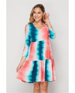 Honeyme Tie-Dye Dress with 3/4 Sleeves - Jade & Coral