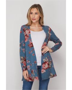 Honeyme Pink Roses Sweater Cardigan - Teal/Burgundy