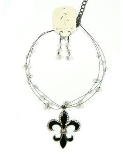 Large Black Enamel Fleur De Lis Necklace and Earrings Other