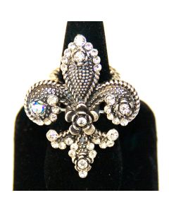 Crystal Fleur De Lys Flower Silver Stretch Ring  Bracchiale