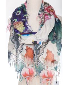 Large JC Sunny 100% Cotton Scarf/Wrap - Peonies & Peacocks