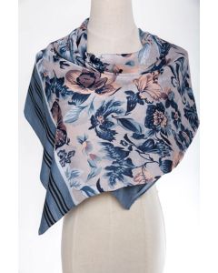 Large JC Sunny Cashmere Blend Scarf/Wrap - Floral Blue Striped Border