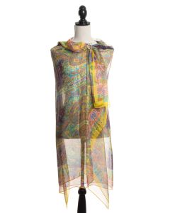 Large 100% SILK Scarf - Yellow & Purple Paisley Floral Print by Rapti