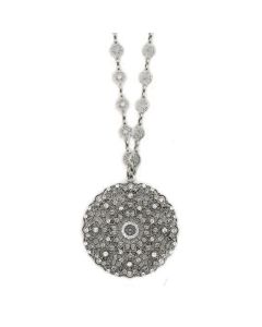 Catherine Popesco Large Round Filigree Lacy Medallion Silver Crystal Necklace