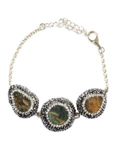 Natural Quartz Druzy and Hematite Three Stone Bracelet in Sterling Silver