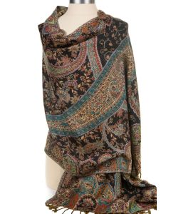 Cashmere Silk Blend Antique Design Shawl Wrap by Rapti - Black Paisley