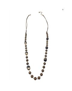 Sweet Lola Necklace - Taupe Leather with Wood & Gold Balls - 40"