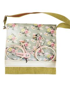 Floral Pink Bicycle Purse - Green Messenger Bag Leather Trim by Clea Ray