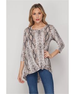 Honeyme 3/4 Sleeve Top with Twist Hem - Snake Skin Print
