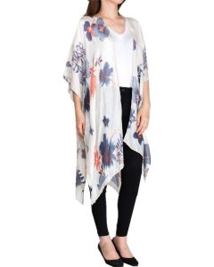 JC Sunny Silk Blend Ruana - Tropical Floral Print with Pearl Trim