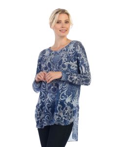 Jess & Jane Veriegated Rib Knit Tunic with Wool Dobby Contrast - Blue Stone