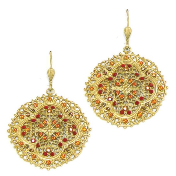 Red Crystal and Gold Filigree Earrings - Catherine Popesco
