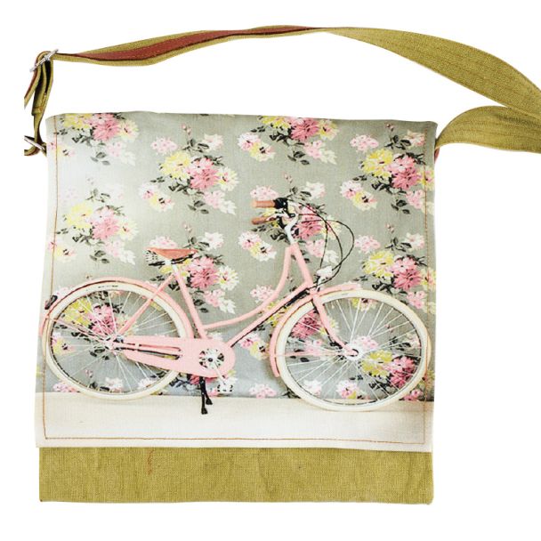 Floral Pink Bicycle Purse - Green Messenger Bag Leather Trim by Clea Ray